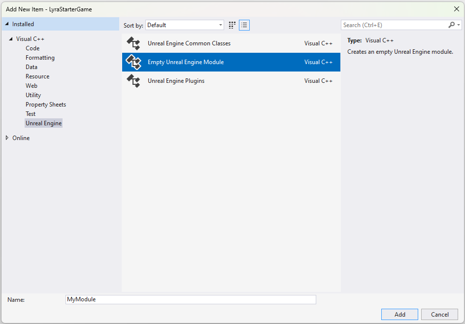 “添加新项”菜单的屏幕截图。已选择空 Unreal 引擎模块。