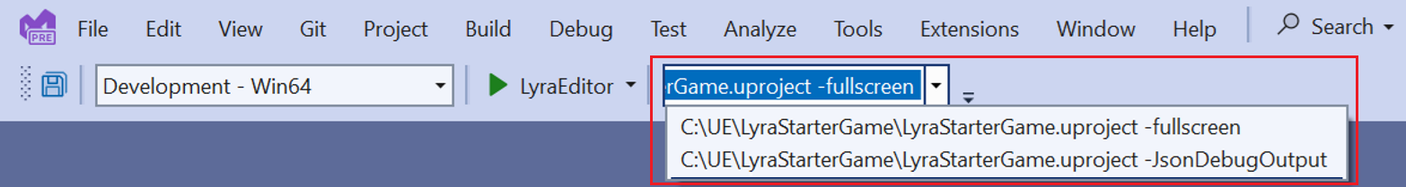 命令行参数下拉列表的屏幕截图。