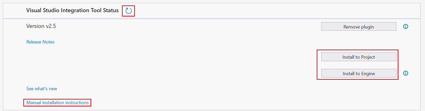 Unreal Engine 集成配置窗口的屏幕截图。在“Visual Studio 集成工具状态”部分中，突出显示了“刷新”、“安装到项目”、“安装到引擎”按钮。此外，还突出显示了“手动安装说明”链接。