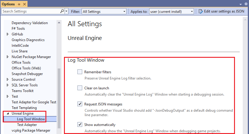 Unreal Engine 日志窗口选项的屏幕截图。