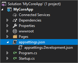 屏幕截图显示 Visual Studio 的解决方案资源管理器中已选择且已展开的 appsettings.json。