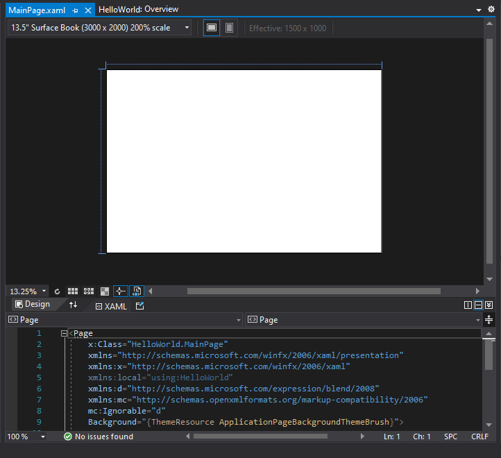 显示 Visual Studio IDE 中 MainPage.xaml 打开的屏幕截图，XAML 设计器窗格显示空白设计图面，XAML 编辑器窗格显示一些 XAML 代码。