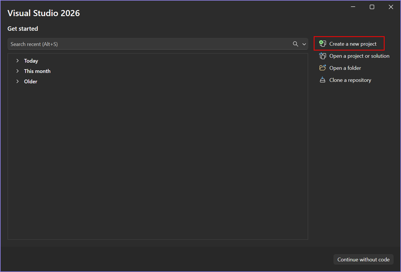 屏幕截图显示了 Visual Studio 的启动窗口。突出显示了“创建新项目”选项。