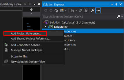 “添加项目引用”菜单项的屏幕截图。