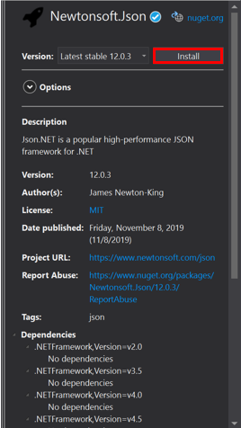 NuGet 包管理器中 Newtonsoft J SON NuGet 包信息的屏幕截图。