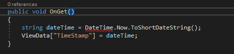 屏幕截图显示了 Visual Studio 代码编辑器中 DateTime 的波浪下划线形式的错误标记。