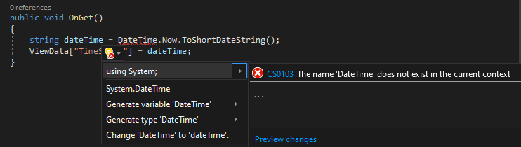 屏幕截图显示了下拉菜单中的“快速操作”选项，其中鼠标悬停在 using System 上。
