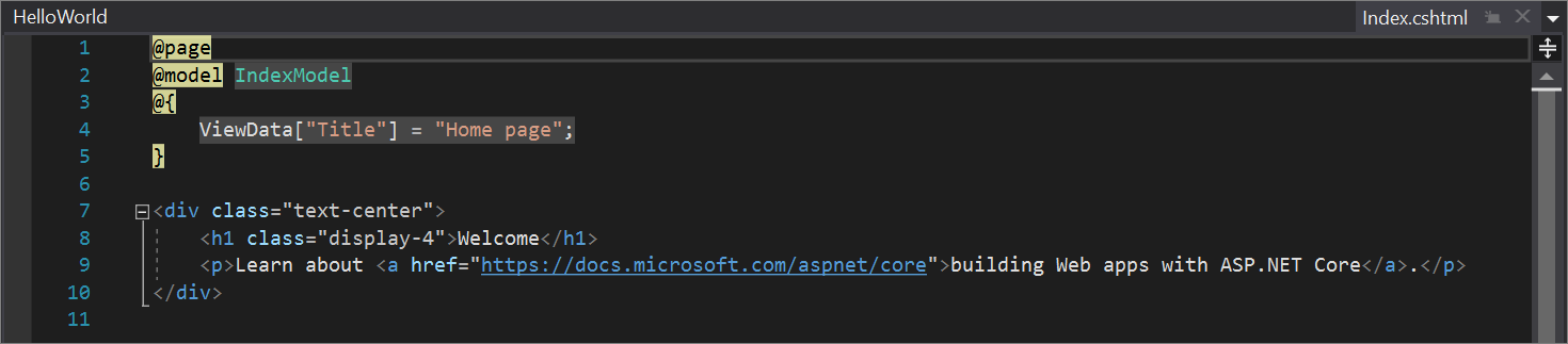 屏幕截图显示了 Visual Studio 代码编辑器中主页的 Index.cshtml 文件。