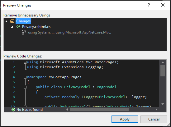 屏幕截图显示“预览更改”对话框。该对话框显示正在删除的指令，并在删除后预览代码更改。