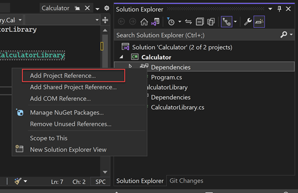 “添加项目引用”菜单项的屏幕截图。