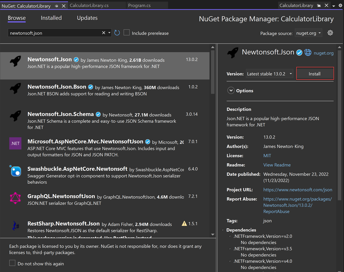 NuGet 包管理器中 Newtonsoft J SON NuGet 包信息的屏幕截图。