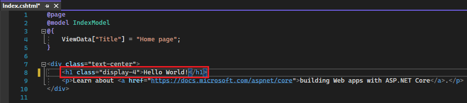 屏幕截图显示 Visual Studio Code 编辑器中的 Index.cshtml 文件，其中“欢迎”文本更改为“Hello World！”。