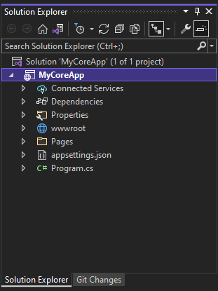 屏幕截图显示了在 Visual Studio 的解决方案资源管理器中选择的 MyCoreApp 项目及其内容。