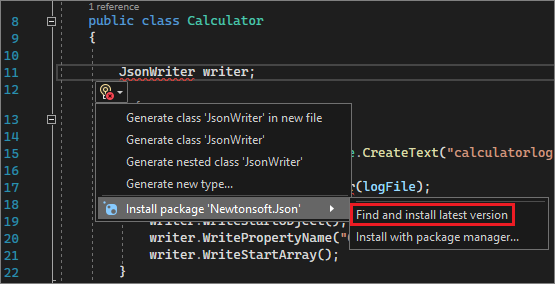 用于安装 NuGet 包的灯泡的屏幕截图。