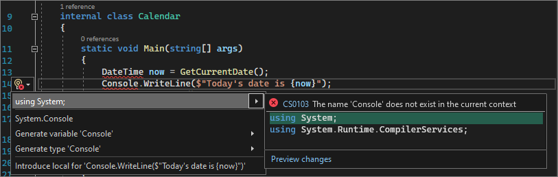 添加 using 指令的灯泡的屏幕截图。
