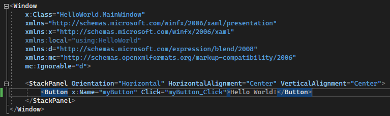 显示 XAML 编辑器中按钮的 XAML 代码的屏幕截图。Content 属性的值已更改为“Hello World！”。