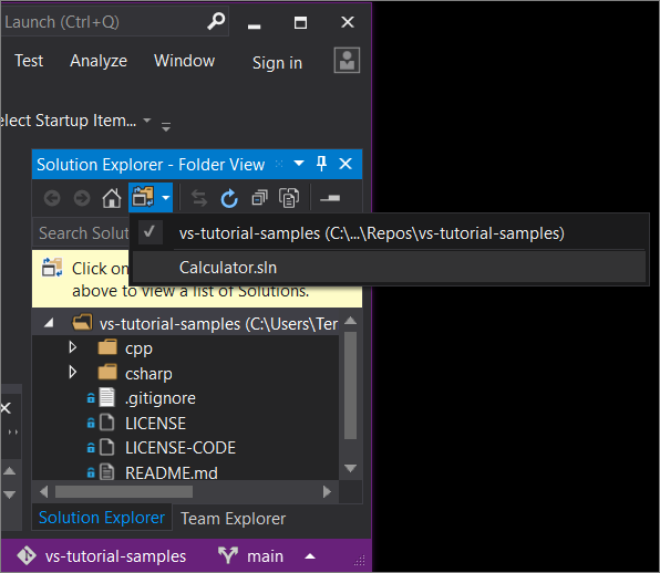 Visual Studio 2019 版本 16.7 及更早版本中解决方案资源管理器下拉列表的屏幕截图。