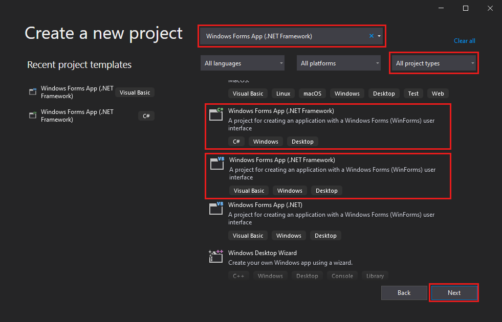 屏幕截图显示了“创建新项目”对话框,其中输入了 Windows 窗体,并在 Visual Studio 2019 中为 Windows 窗体应用提供了选项。