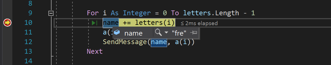 显示调试执行在代码编辑器中停止的屏幕截图，其中突出显示了“name”变量，并显示值为“fre”的数据提示。