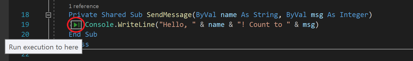 屏幕截图显示代码编辑器窗口左侧的“Run to Click”按钮，并高亮显示了工具提示。