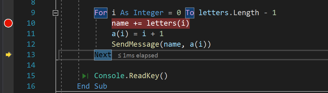 显示 Visual Studio 代码编辑器中调试会话的屏幕截图，其中在单步执行“SendMessage”方法调用后，执行暂停。