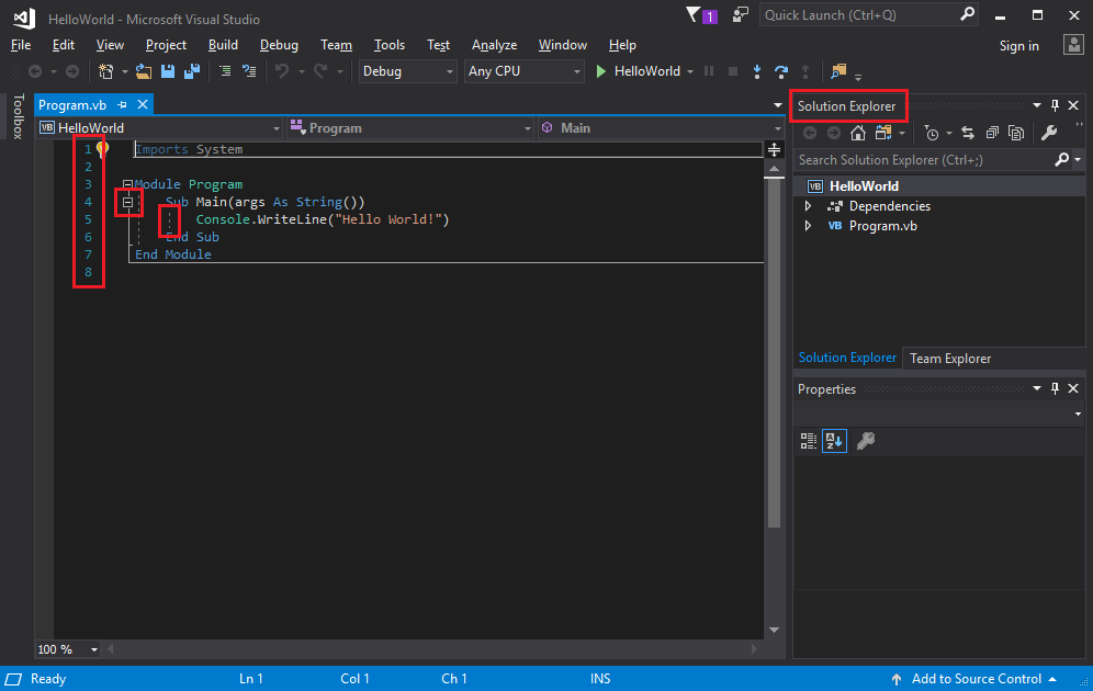 显示带有红色框的 Visual Studio IDE 的屏幕截图。