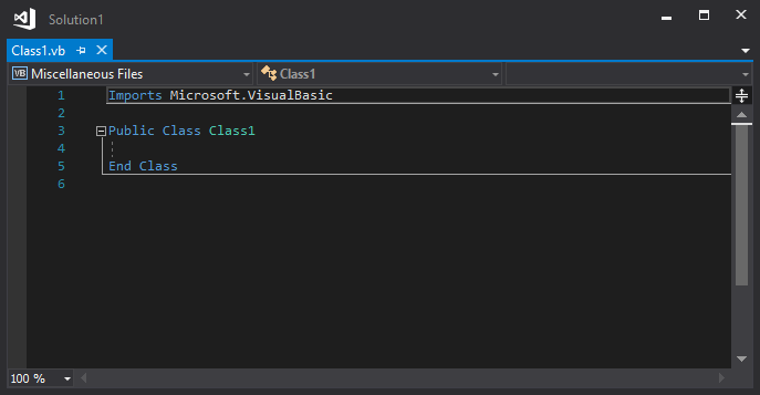Visual Studio 代码编辑器中新 Visual Basic 类文件的屏幕截图。