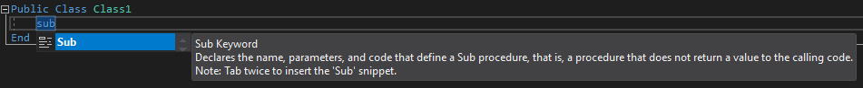 Visual Studio 中 Sub 代码片段的 IntelliSense 的屏幕截图。
