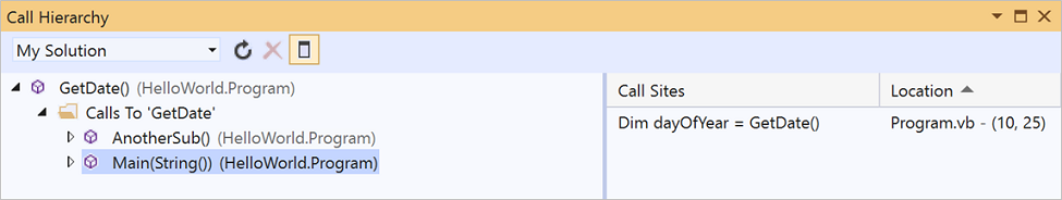 显示 Visual Studio 中“调用层次结构”窗口的屏幕截图。