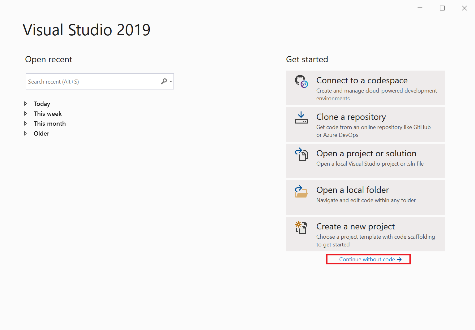 Visual Studio 2019 中“开始”窗口的屏幕截图，其中突出显示了“继续不带代码”链接。
