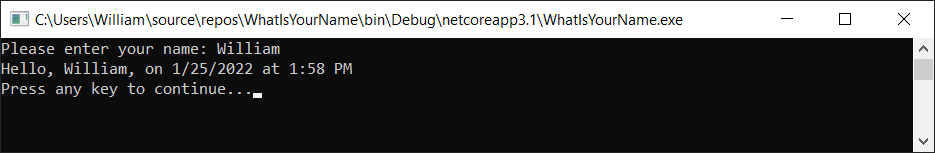 显示调试控制台窗口的屏幕截图，其中显示了“请输入姓名”、“日期和时间”和“按任意键继续”消息。