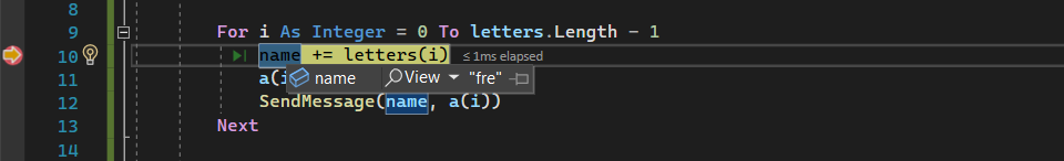 显示代码编辑器中已停止调试执行的屏幕截图，其中突出显示了名称变量，并显示值的数据提示。