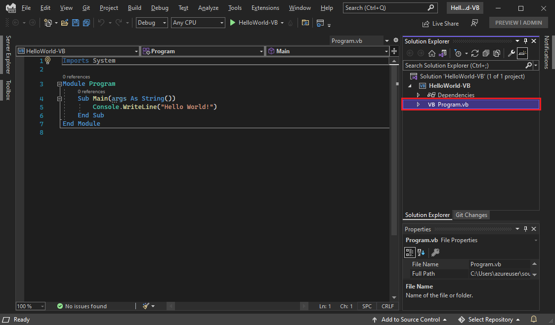 显示编辑器中包含 Program.vb 代码的 Visual Studio IDE 的屏幕截图。