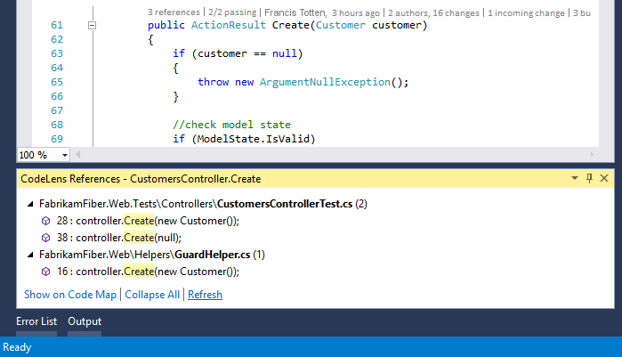 屏幕截图显示了 Visual Studio 2019 已停靠的“CodeLens 引用”窗口。