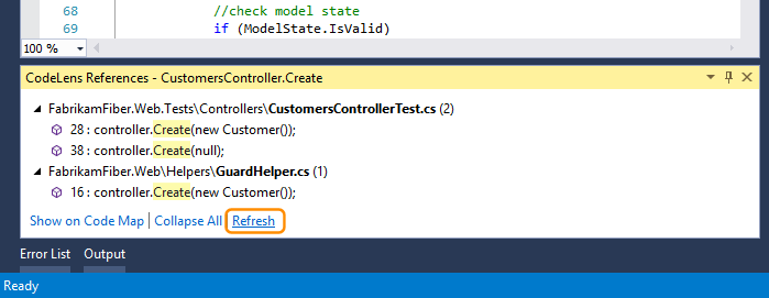 Visual Studio 2019 中 CodeLens 引用中的“刷新”按钮的屏幕截图。