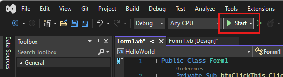 屏幕截图显示运行应用的“开始”按钮。