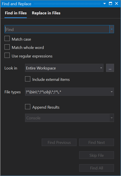 Visual Studio 2019 中“查找和替换”对话框的屏幕截图，其中“在文件中查找”选项卡处于打开状态。
