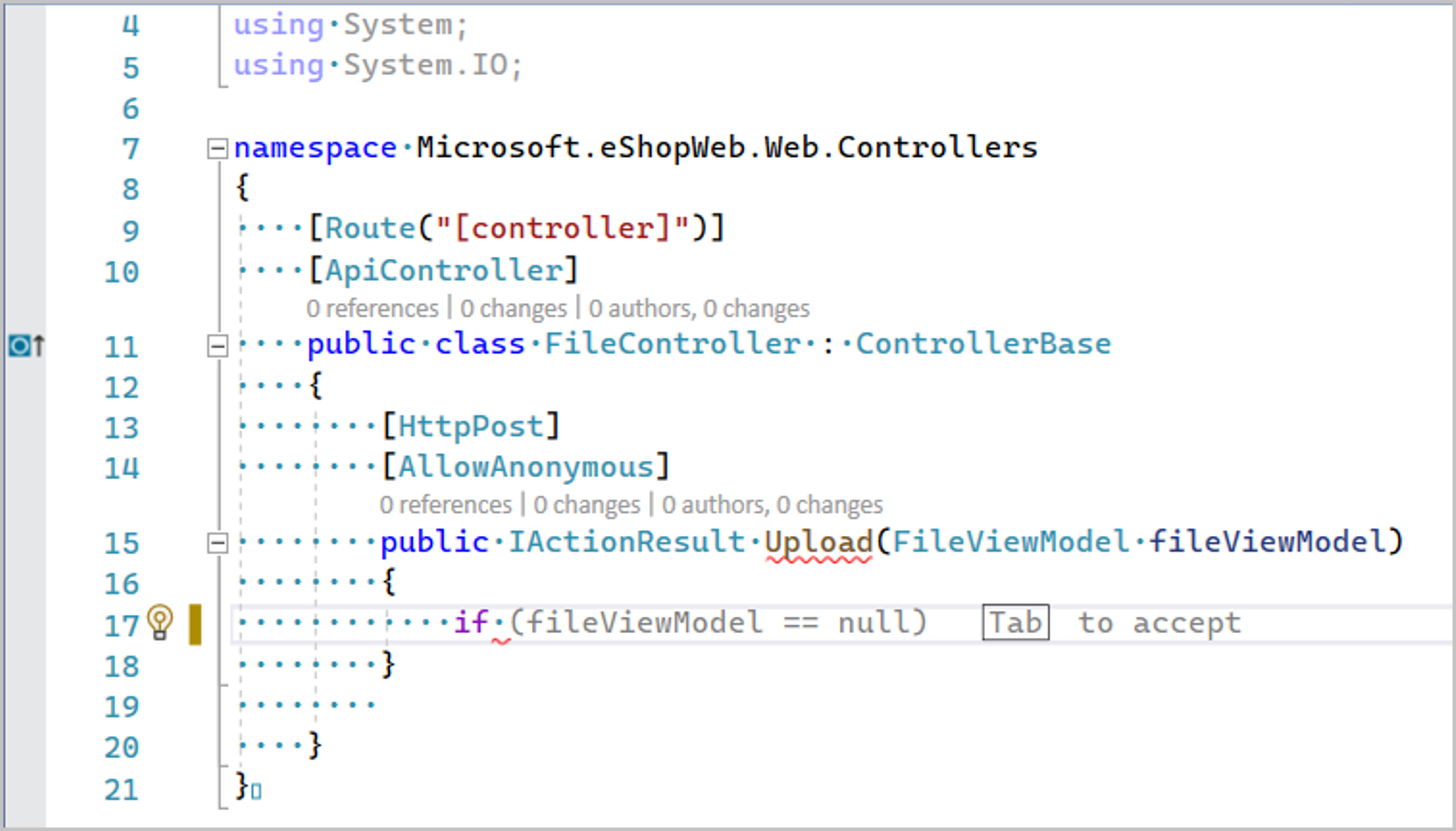 Visual Studio 中 C# 全行自动完成的屏幕截图。