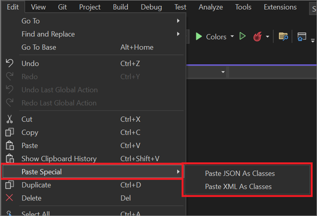 Visual Studio 中 Edit 菜单中的 Paste Special 选项的屏幕截图。