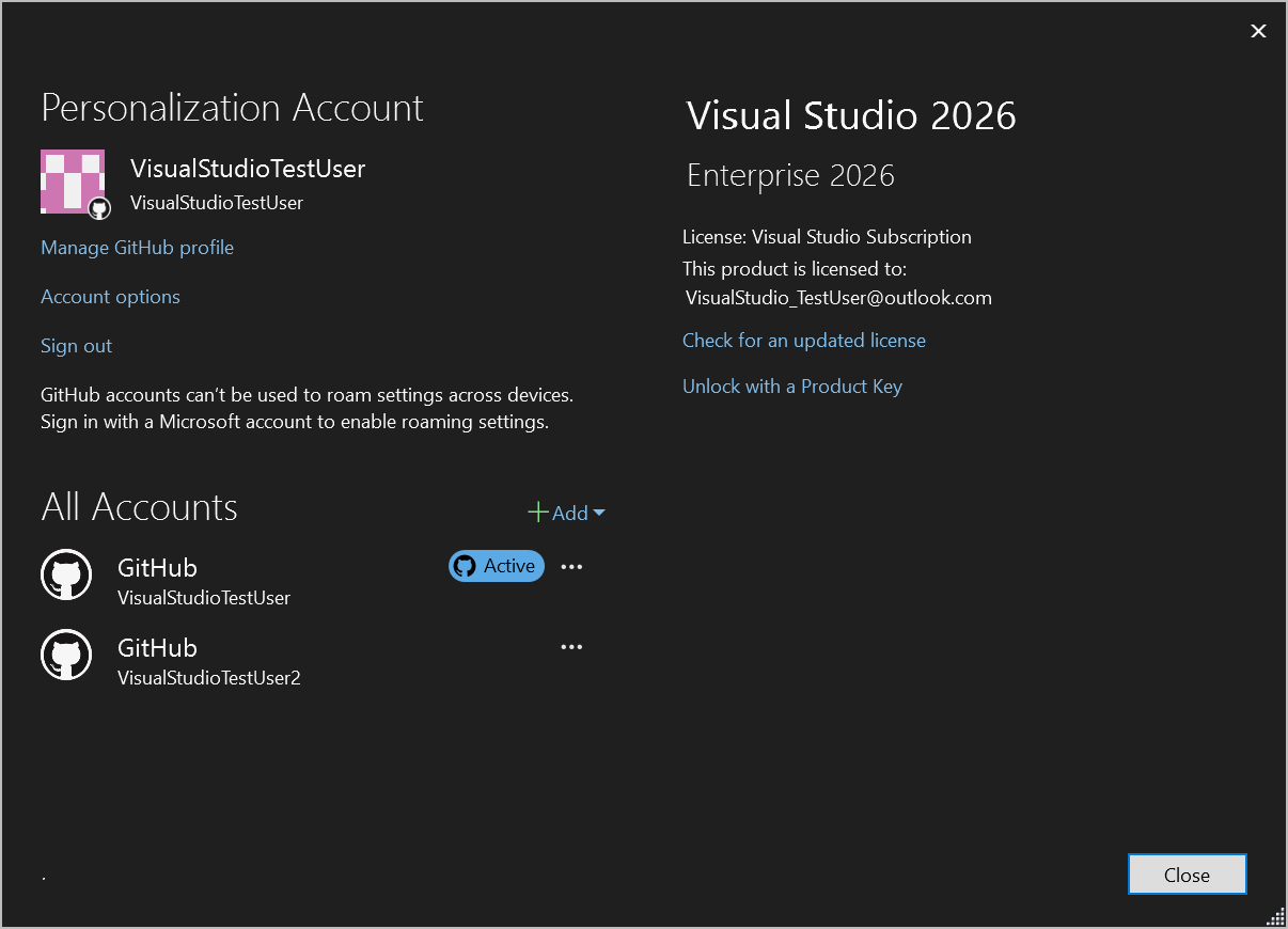 显示“帐户设置”对话框中多个 GitHub 帐户的屏幕截图。