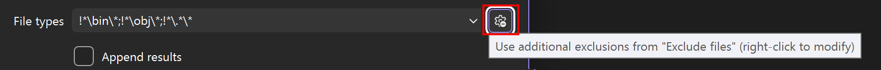显示文件排除项的切换按钮的屏幕截图。
