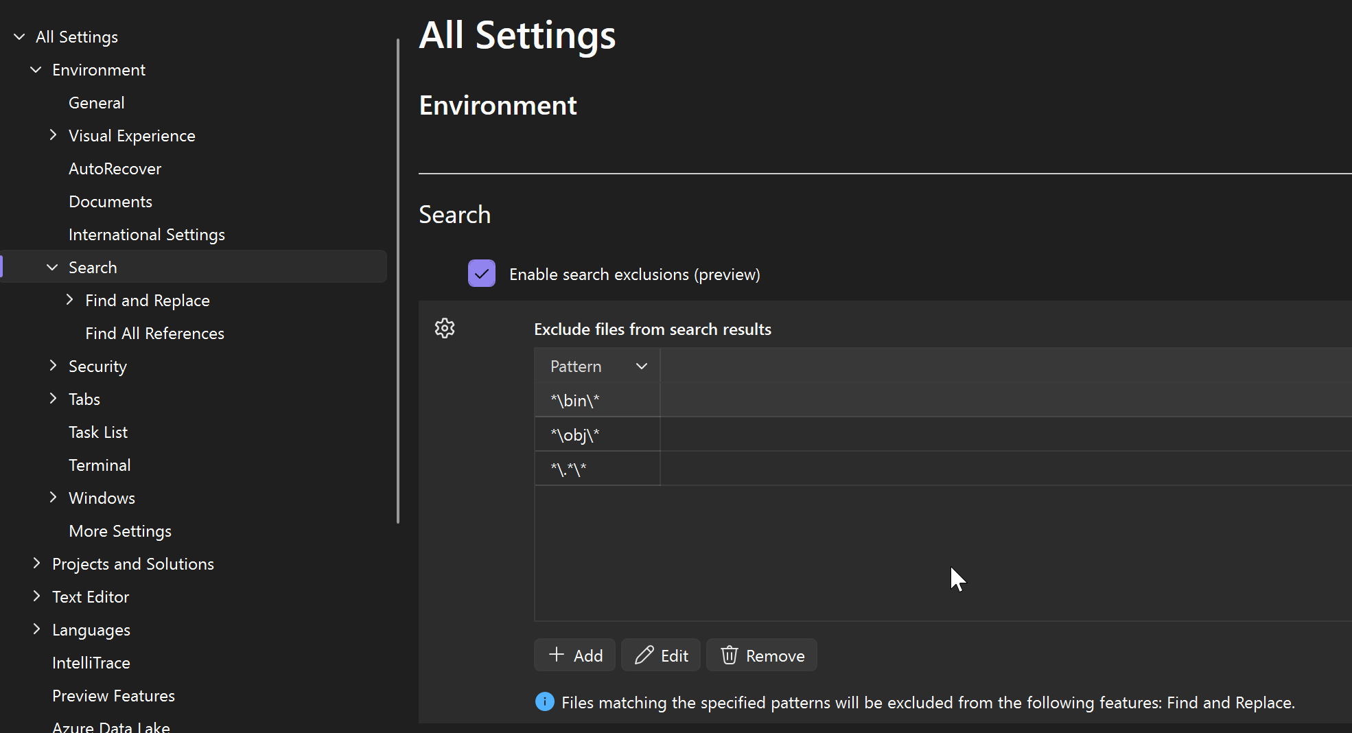 显示用于从搜索结果中排除文件的设置的屏幕截图。