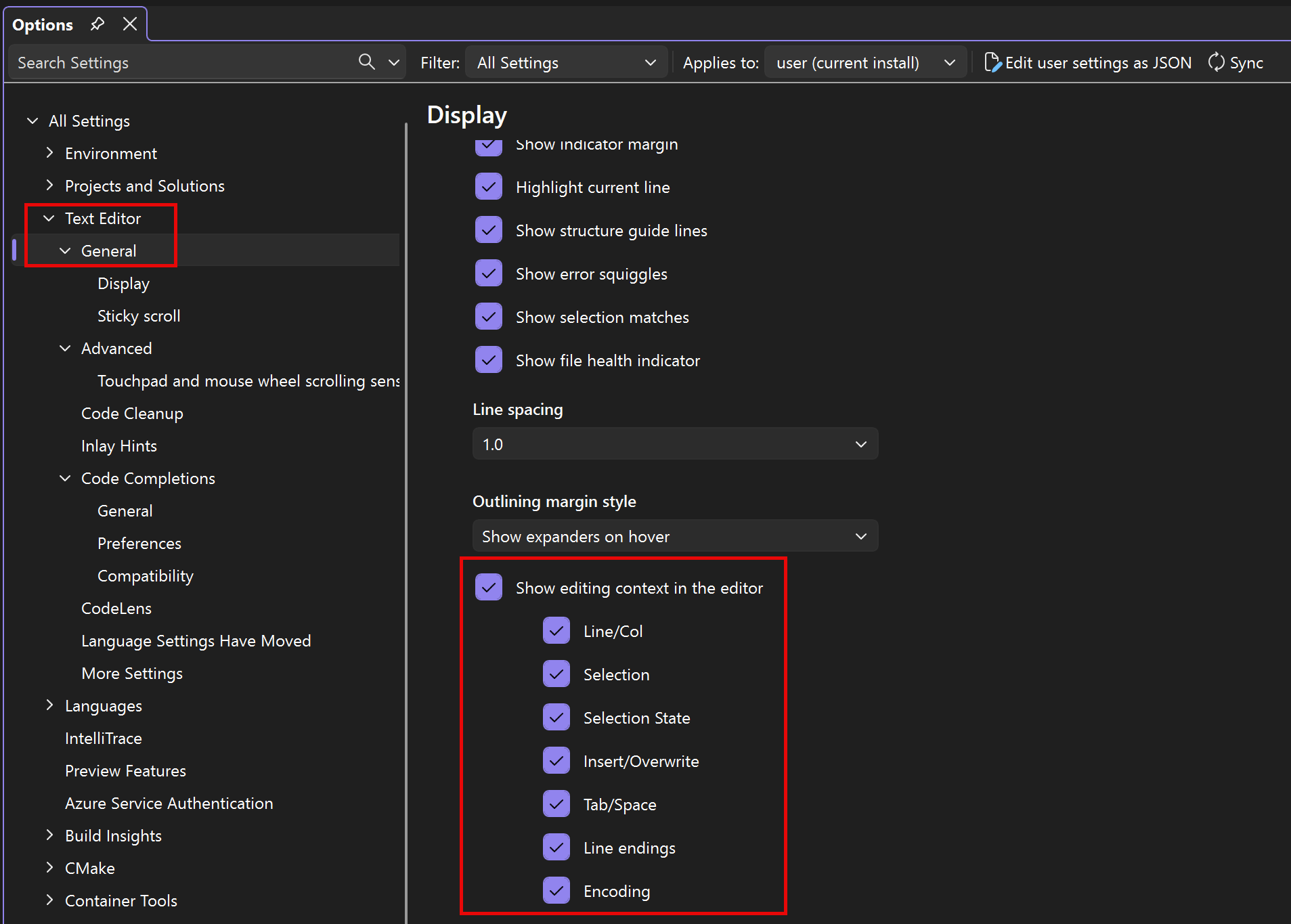 “文本编辑器>常规”下的“工具>选项”体验的屏幕截图，其中突出显示了编辑器中的“显示编辑上下文”设置。