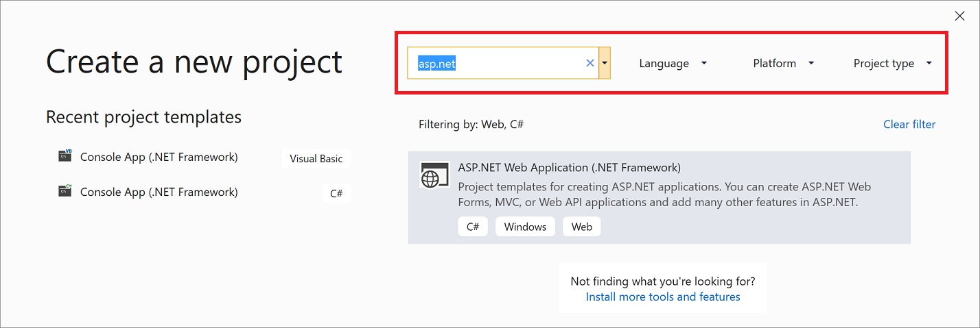 Visual Studio 2019 中项目模板筛选器的屏幕截图。