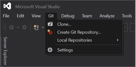 Visual Studio 2019 版本 16.8 及更高版本中 Git 菜单的屏幕截图。