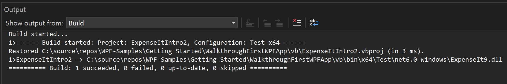 Visual Basic 的“输出”窗口屏幕截图，且没有生成警告。