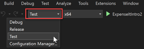 标准工具栏上“解决方案配置”下拉列表的屏幕截图。