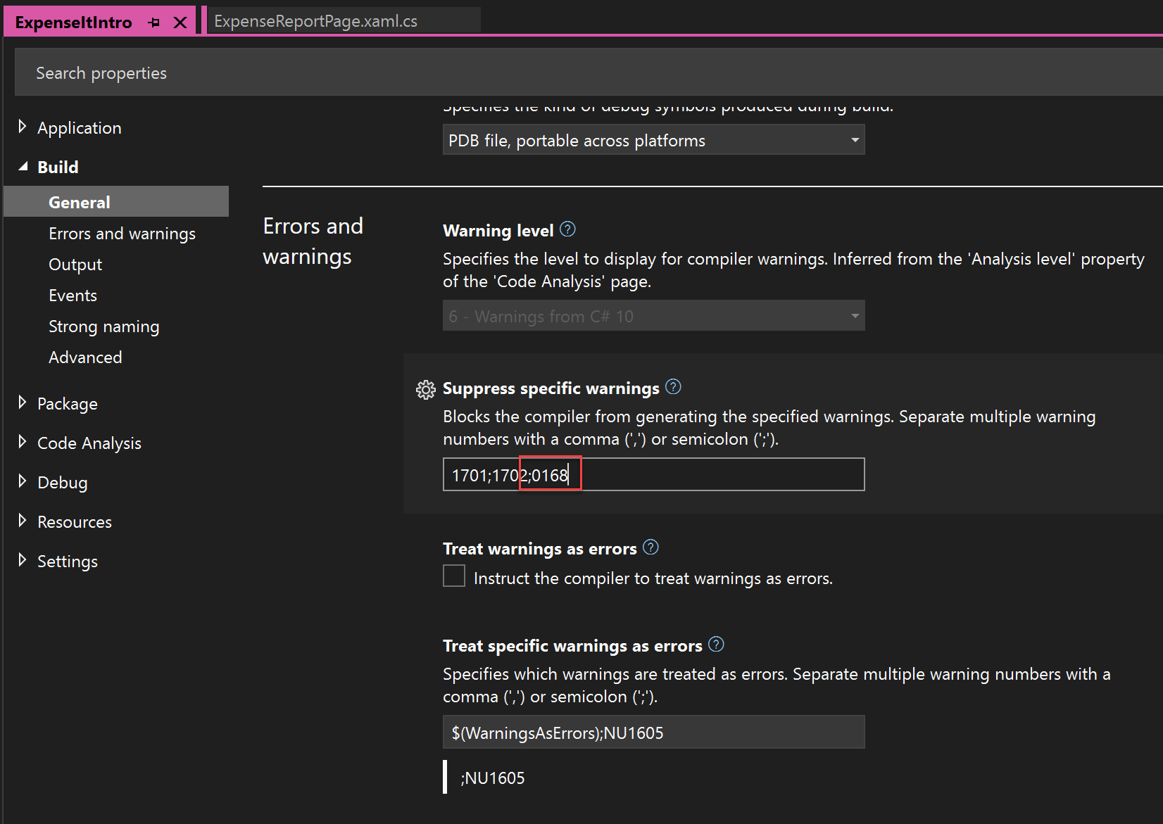 项目属性中的“生成”部分的屏幕截图。