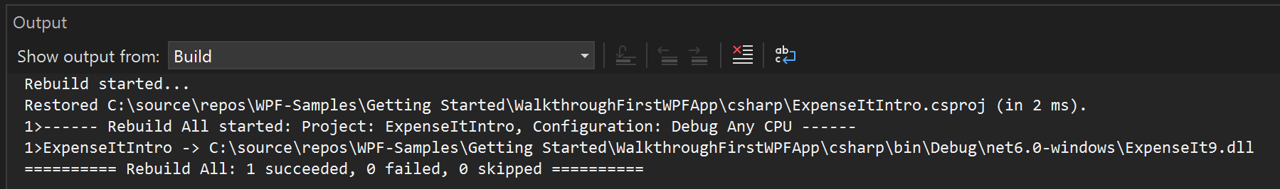 C# 的“输出”窗口的屏幕截图，其中未显示生成警告