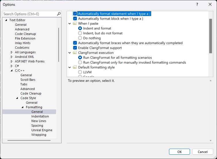 “选项”窗格的屏幕截图，其中包含文本编辑器。
